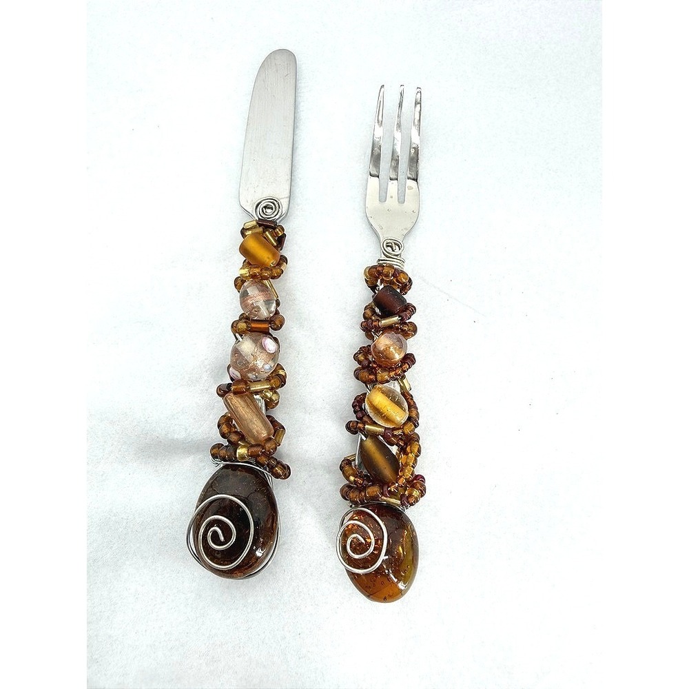 Wire Wrapped Beaded Fork & Knife Appetizer Flatware Set Elegant Tableware Decor